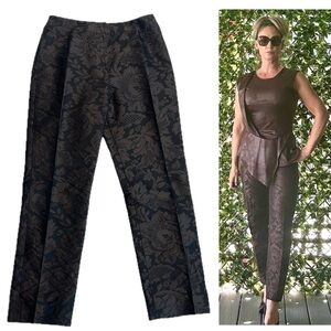 Oscar De La Renta dark brown floral jacquard print front pleated ankle pants 6